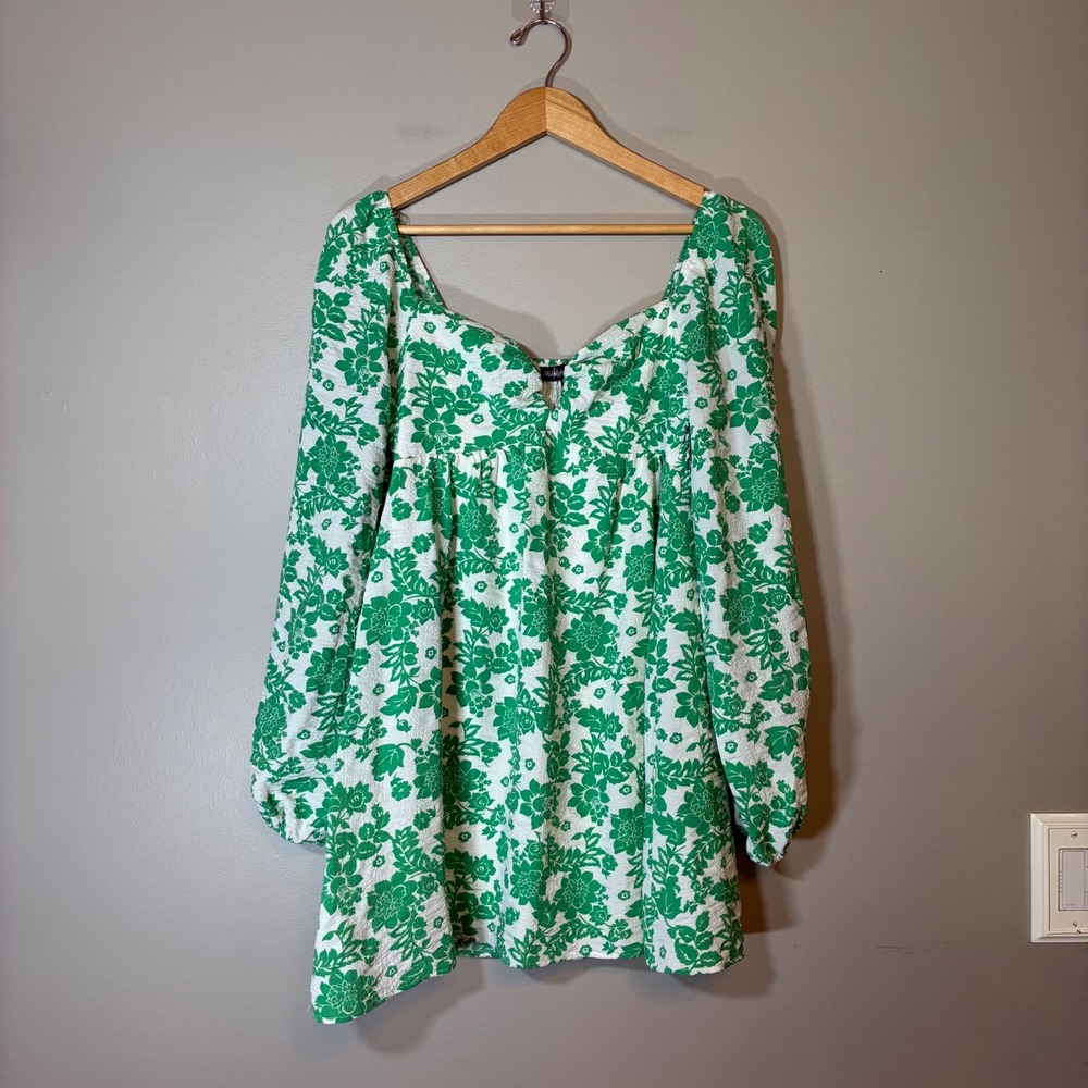 Midnight Doll Green White Floral Mini Dress Smocked Back Balloon Sleeve Small